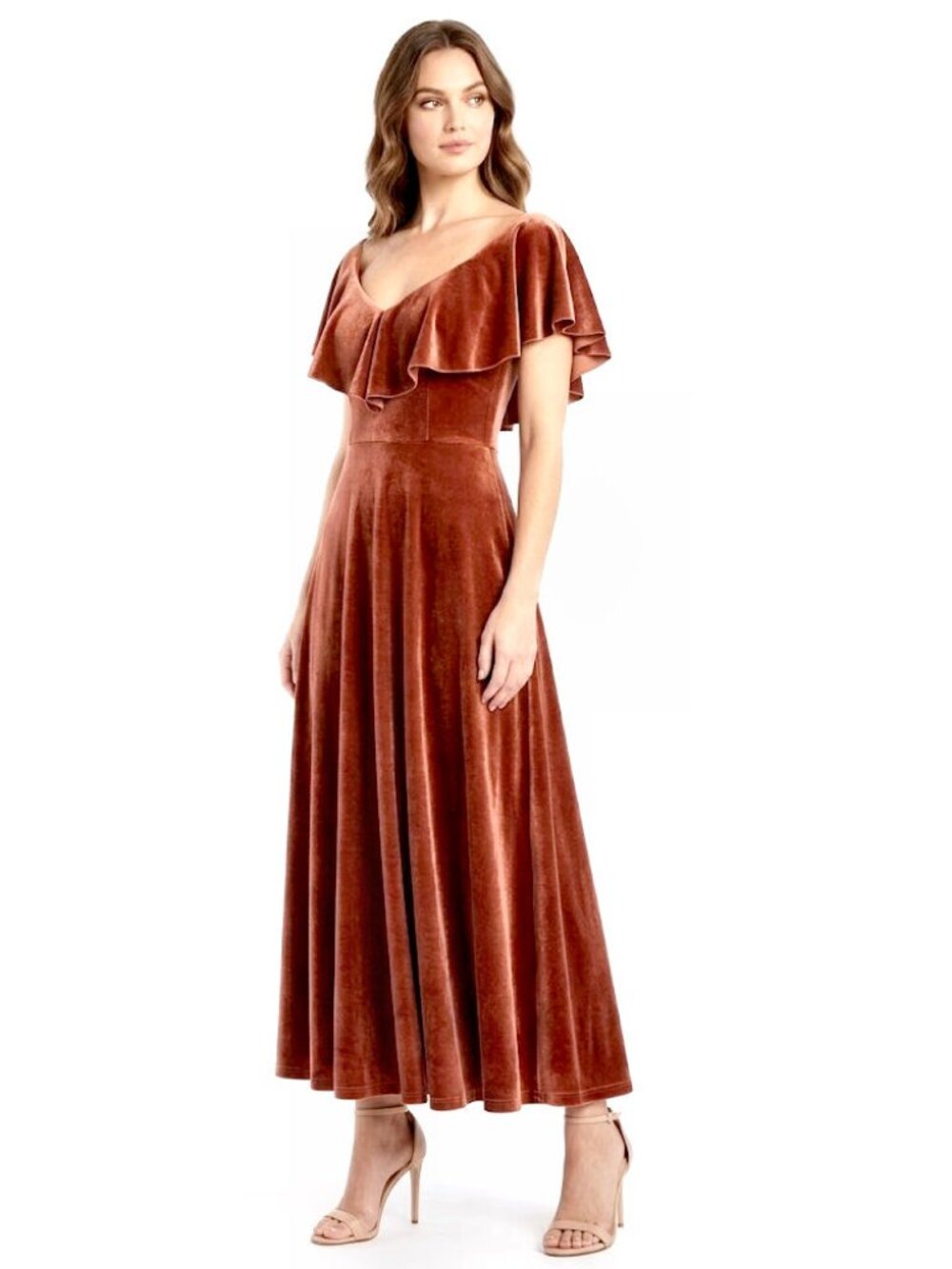 June & Hudson Ruffle Flounce V-Neck Maxi Dress, Rust Velvet, Womens Size Medium